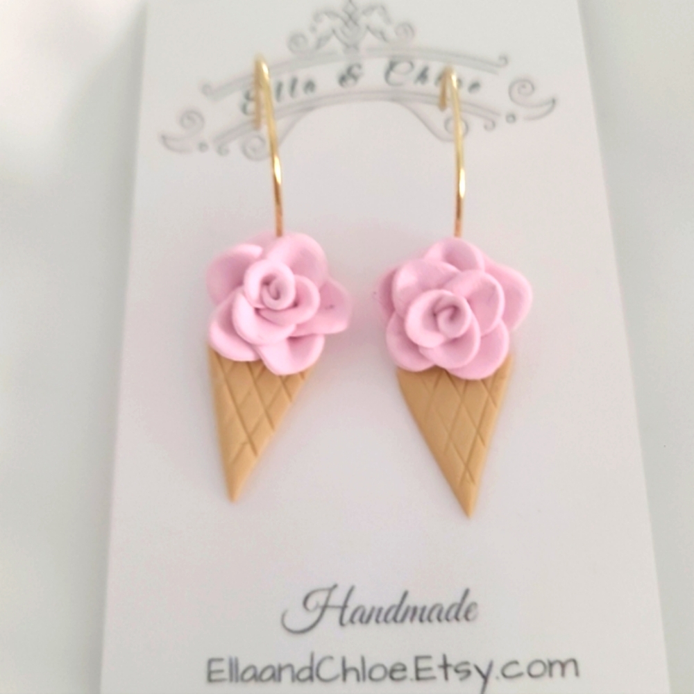 Adorable Summer Gold Plated Hoop Earrings Pink Ice Cream Dangle Clay Earrings
